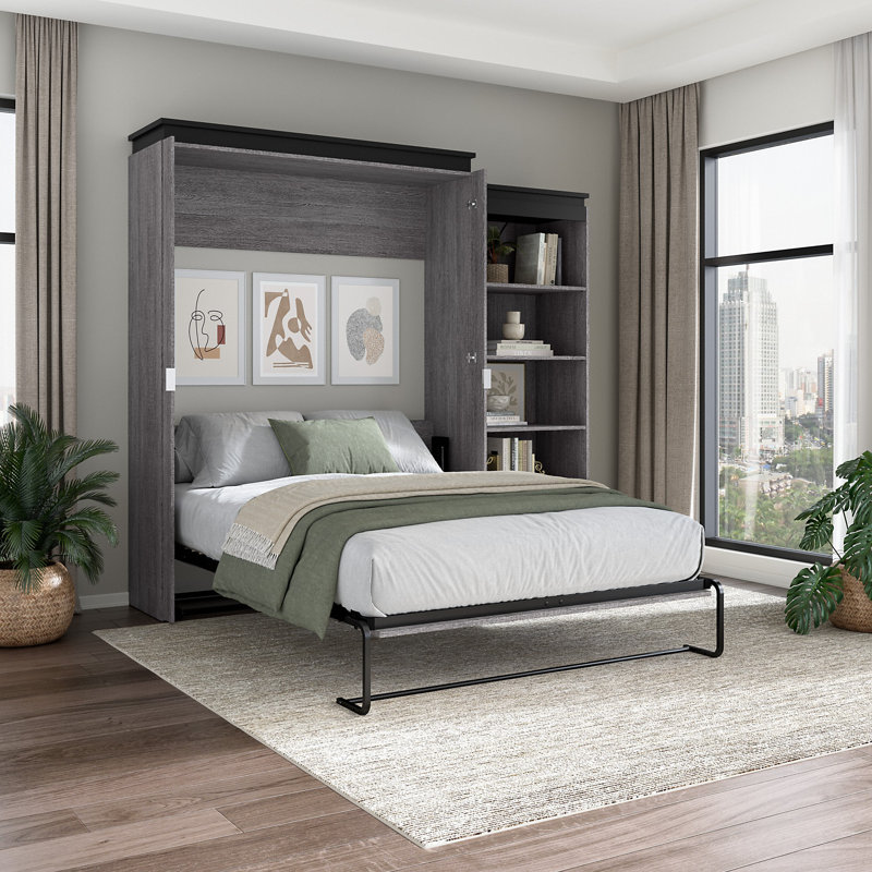 Ailed Queen Murphy Bed and Shelving Unit with Drawers, Bark Gray