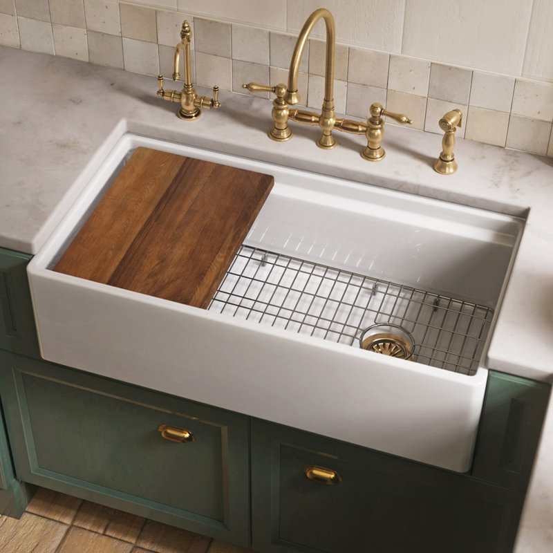 Whitehaus Collection Front Apron Single Bowl Fireclay Kitchen Sinks with Cutting Board and Grid, 36", White