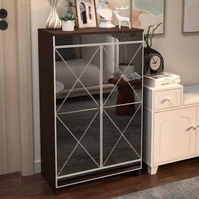 Modern Double Door Mirrored Shoe Cabinet - Brown Color, Frosted Glass, Silver Edging Design In Glass Doors With Handles