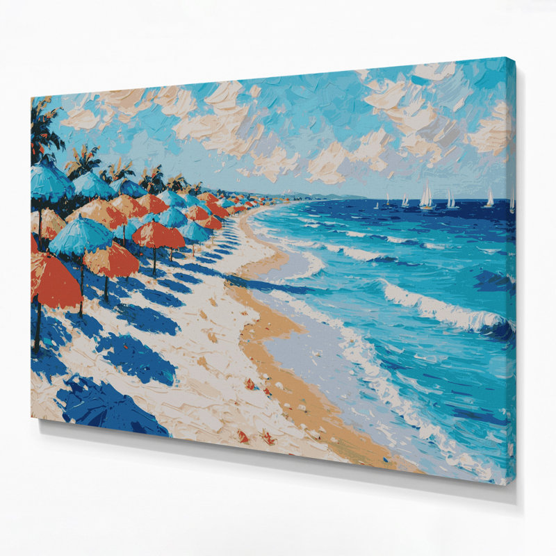 Coastal Beach Umbrella Paradise Grey Canvas Wall Art, 11" H x 14" W