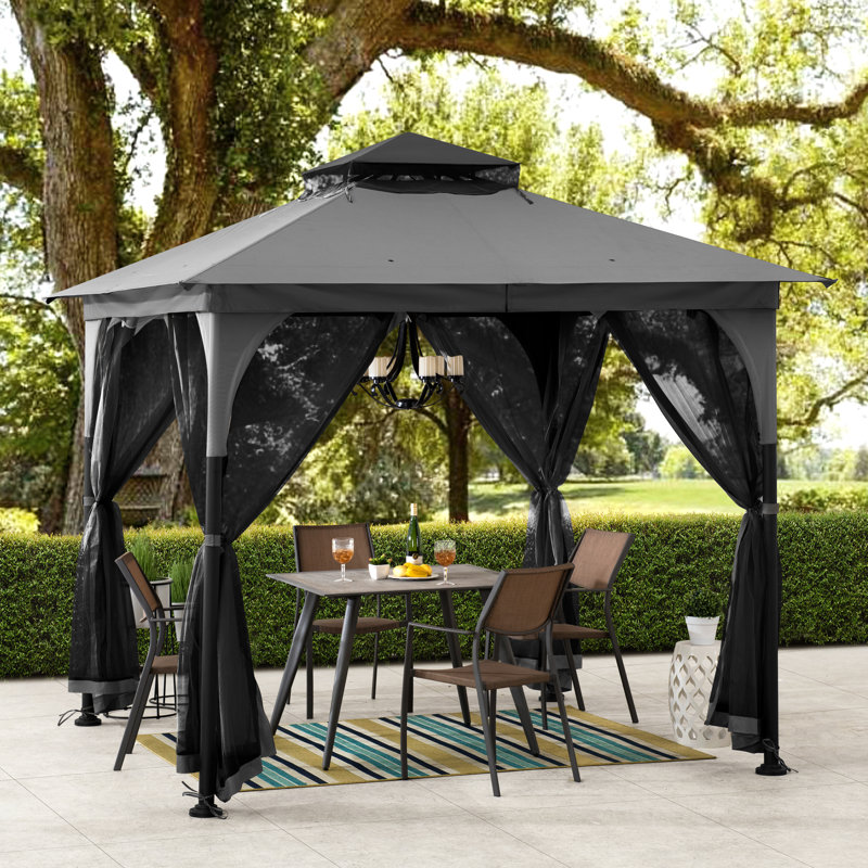 Sunjoy 9 ft. x 9 ft. Gazebo with 2-Tier Canopy Roof, Steel Frame Soft top Gazebo with Ceiling Hook and Mosquito Netting, Gray