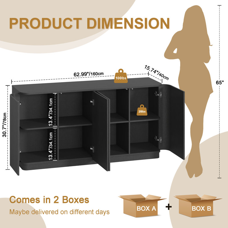 63" Wide 4-door Sideboard, Black