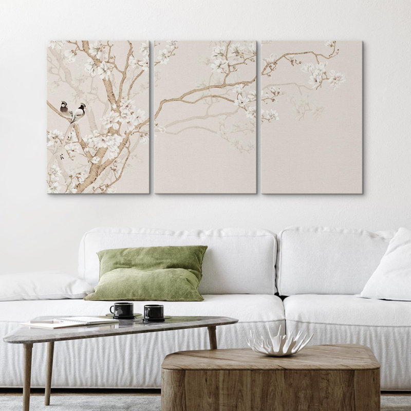 Oiseau en cerisier en fleurs, minimaliste, illustrations, art moderne, botanique, floral, maison de campagne, Toile tendue