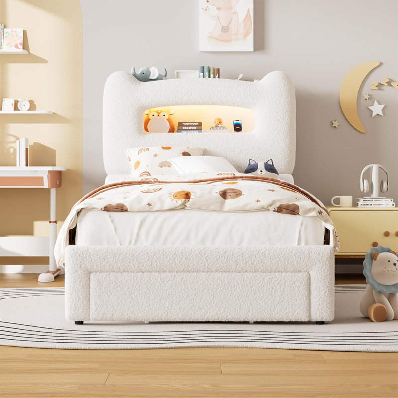 Twin Upholstered Bed Frame with LED Storage Headboard, Charging Station & Drawer, Metal Support, Pink, Twin, Beige