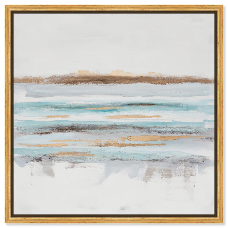 «Baraquas I», art abstrait bleu par , Cadre flottant doré, H 31 po x l 31 po