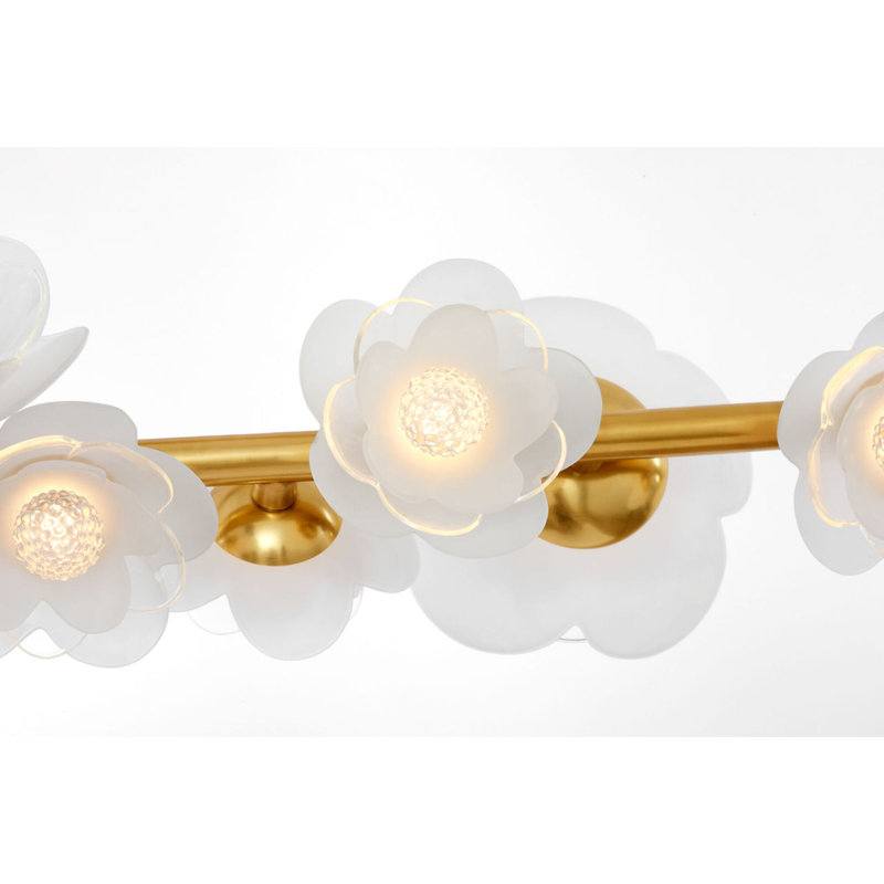 Petaluma 63" Linear Chandelier with Etched and Clear Glass Flowers, Soft Lacquered Brass