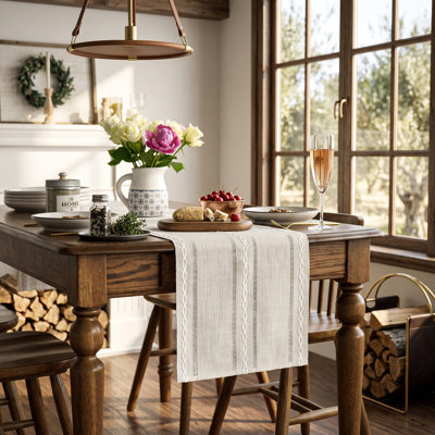 Chemin de table tressé en lin et coton ajouré, style ferme, 33 x 229 cm, ensemble de 2 ou 3, beige, idéal pour la décoration de table à manger, les mariages et les fêtes de fin d'année.