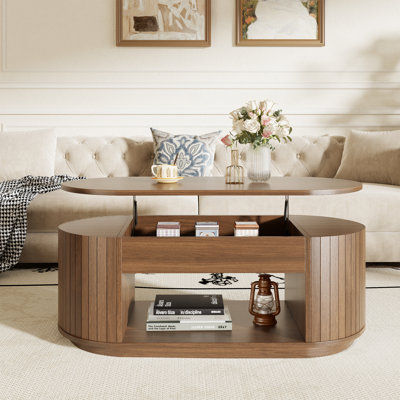 Table basse en bois à plateau relevable de 43 pouces, table basse centrale avec compartiment de rangement caché et tablette ouverte pour le salon, appartement, petit espace, brun