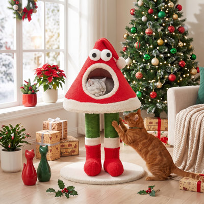 Arbre à chat rouge en forme de sapin de Noël pour chats d'intérieur, condo à plusieurs niveaux avec poteaux à griffer en sisal, cachette douillette et jouet interactif, meuble festif pour décorer pendant les fêtes