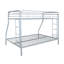Lit superposé simple au-dessus d'un lit double en métal, argent brillant, échelles intégrées, support à lattes en métal, barrières de sécurité pour lit de repos argenté, fonction de plateau vertical