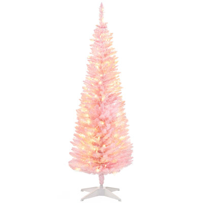 5ft Christmas Tree, Slim Artificial Christmas Tree with Realistic Branches Pink