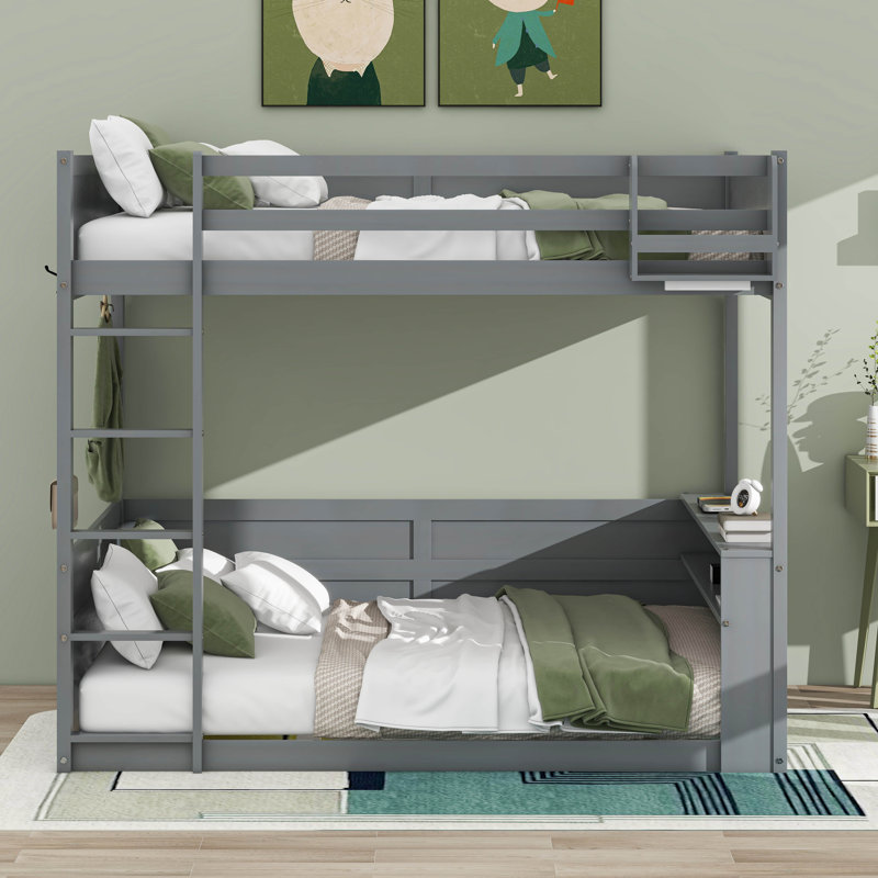 Grand lit superposé en bois avec tablettes intégrées, boîte de rangement, lumière DEL et station de charge USB, gris