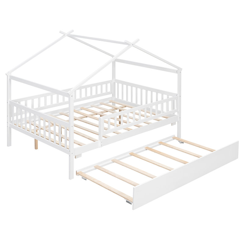 House Style Bed With Built In Trundle, Full, White