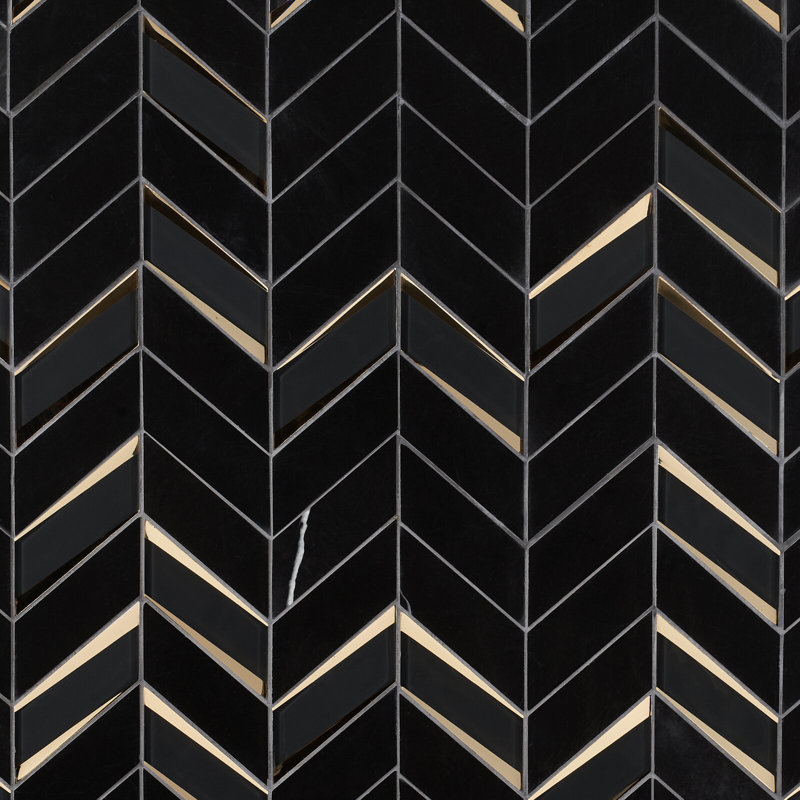 Kasol 11x13 Chevron Polished Marble and Mirrorerd Glass Mosaic Tile