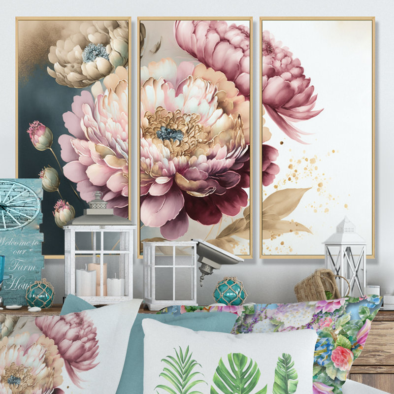 «Pink and Gold Zinnia Flowers I», reproduction sur toile flottante 3 pièces, H 28 po x l 36 po x P 1 po, Encadré naturel