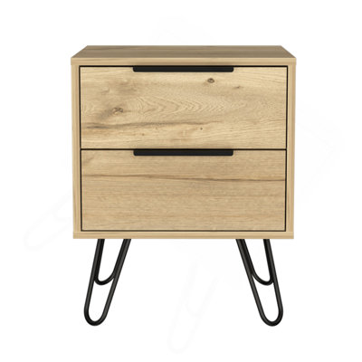 Table de chevet H 22 po, quatre pieds en épingle, deux tiroirs, chêne clair