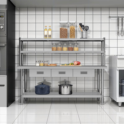 72" Stainless Steel Workbench with 3 Drawers, Adjustable Shelf & Storage Rack for Garage or Workshop