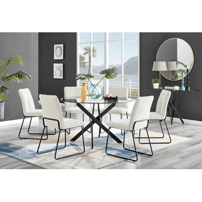 Tierra Modern Glass & Metal Round Dining Table Set & 6 Luxury Fabric Dining Chairs