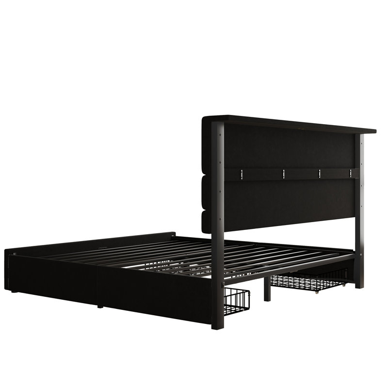 Lit plateforme King Size avec tête de lit ajustable et tiroirs de rangement, noir, King, Black