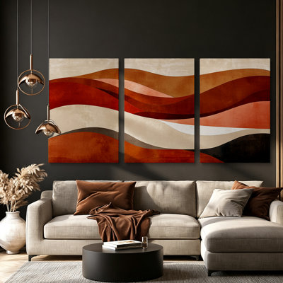 Ensemble de 3 toiles décoratives abstraites de style bohème, motif montagne en terre cuite, pour salon, 45,7 x 91,4 cm (18 x 36 pouces).