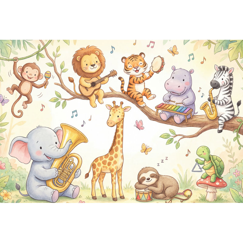 Dessin animé animaux, papier peint forêt, décoration murale amovible, 100"x96", Peler et coller