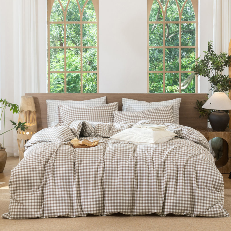 MooMee Gingham Duvet Cover Set 100% Washed Cotton Linen Like Lightweight, King Duvet Cover + 2 King Pillowcases, Brown