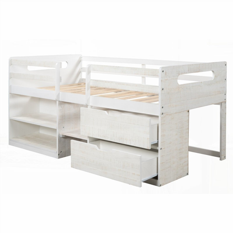 Lit mezzanine simple avec deux tablettes et deux tiroirs (blanc antique) - aucun sommier requis, solide et amp; Durable