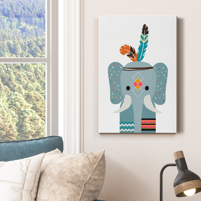 Boho Elephant - Reproduction d'art graphique encadré, H 18 po x l 12 po x P 1 po, Toile tendue, Pas de tapis