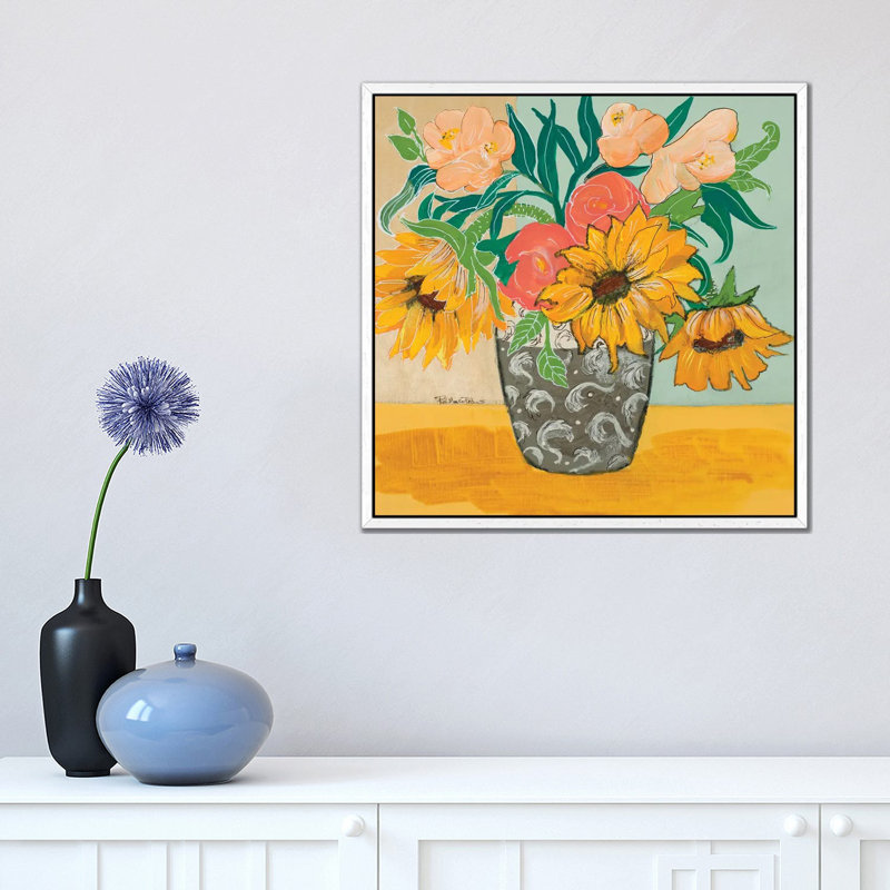 Summertime Vase by Robin Maria - Painting on Canvas, 45.72 cm H x 45.72 cm W, White Floater Frame