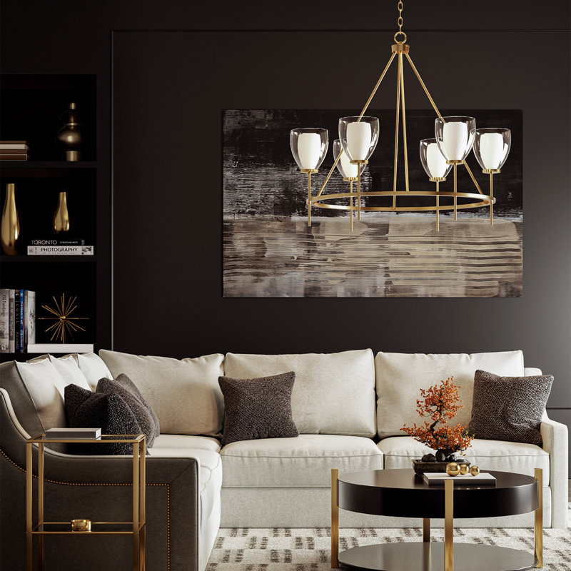 35" W x 31" H 6-Light Ring Chandelier in Aged Brass with Layered White and Clear Glass