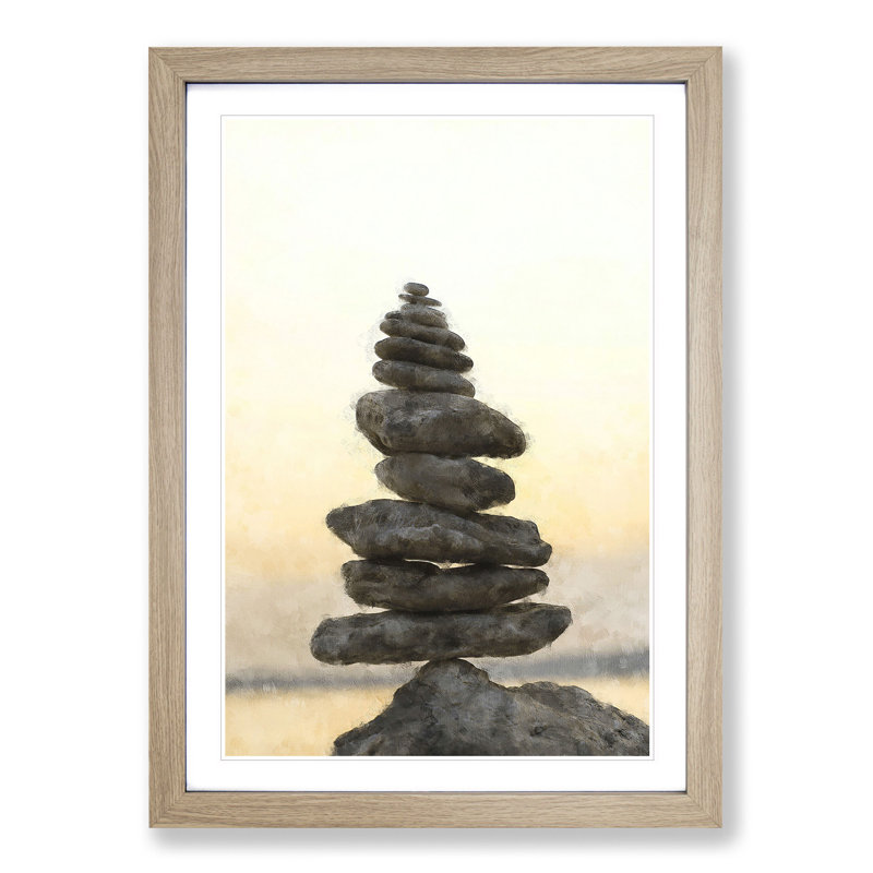 Balancing Zen Stones - Picture Frame Painting Print, 87cm H x 62cm W x 2cm D, Oak Framed