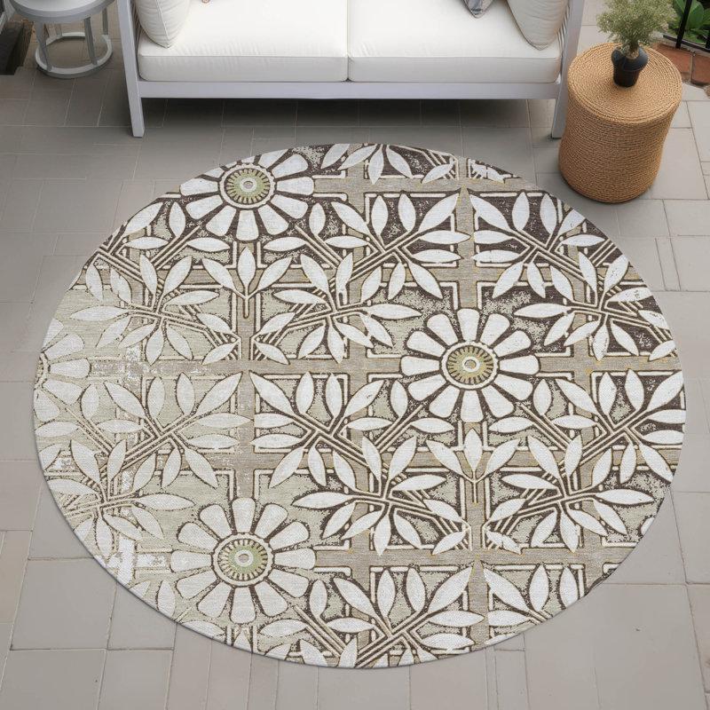 Tapis floral intérieur / extérieur lavable à la machine Chantille ACN2775, Ivoire ivoire, Rond 8 pi