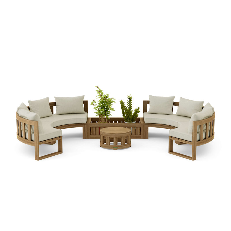 Ensemble de conversation modulaire circulaire en teck Sunbrella avec coussins 6 pièces, Toile Sunbrella® naturel