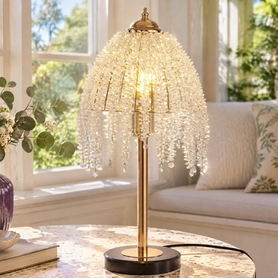 Lampe de table cascade moderne en cristal 19 po, abat-jour perlé avec base texturée en marbre