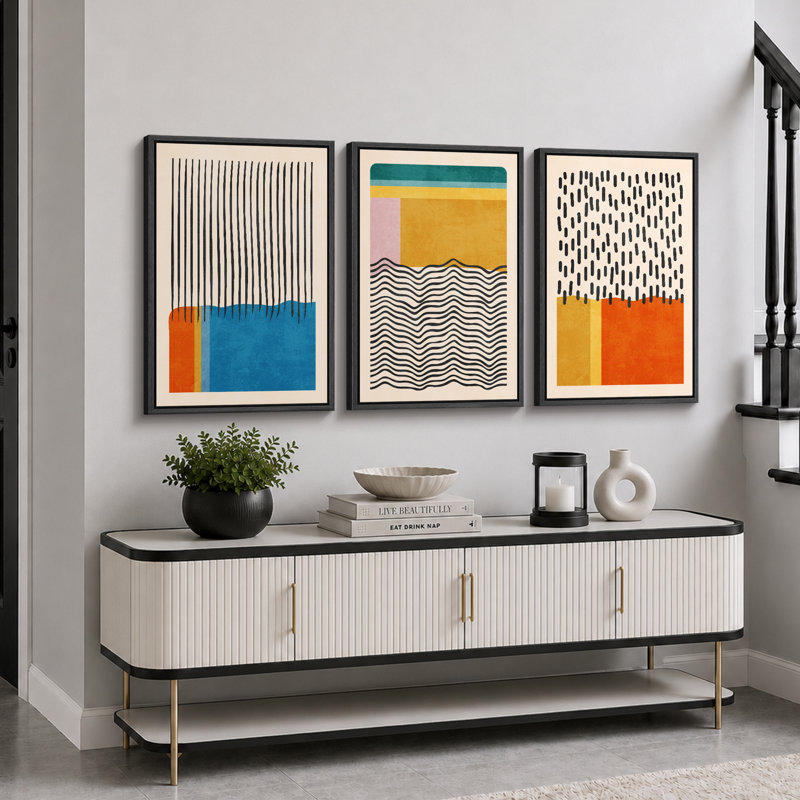 «Abstract Vibrant Color Blocks», œuvre d'art moderne de style Mid-Century, images murales multicolores géométriques, ensemble de 3 impressions sur toile encadrées
