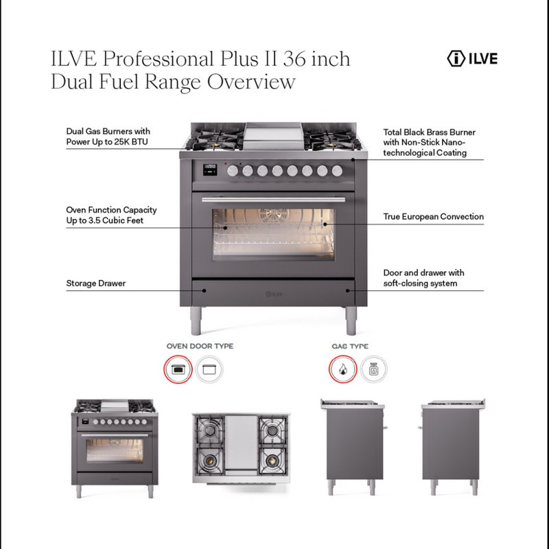  ILVE Professional Plus II 36 in Dual Fuel Range, 6 Sealed Burners, Griddle, Natural Gas, Ral Classic/Stainless Steel