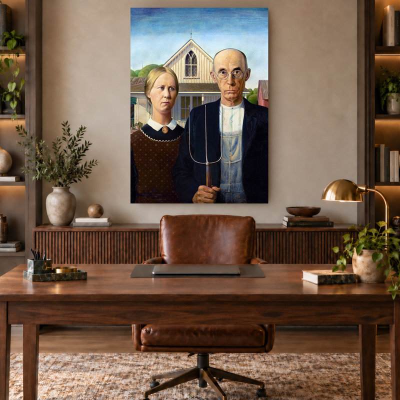 American Gothic Farmer Portrait Vintage Canvas Wall Art, 54" H x 36" W
