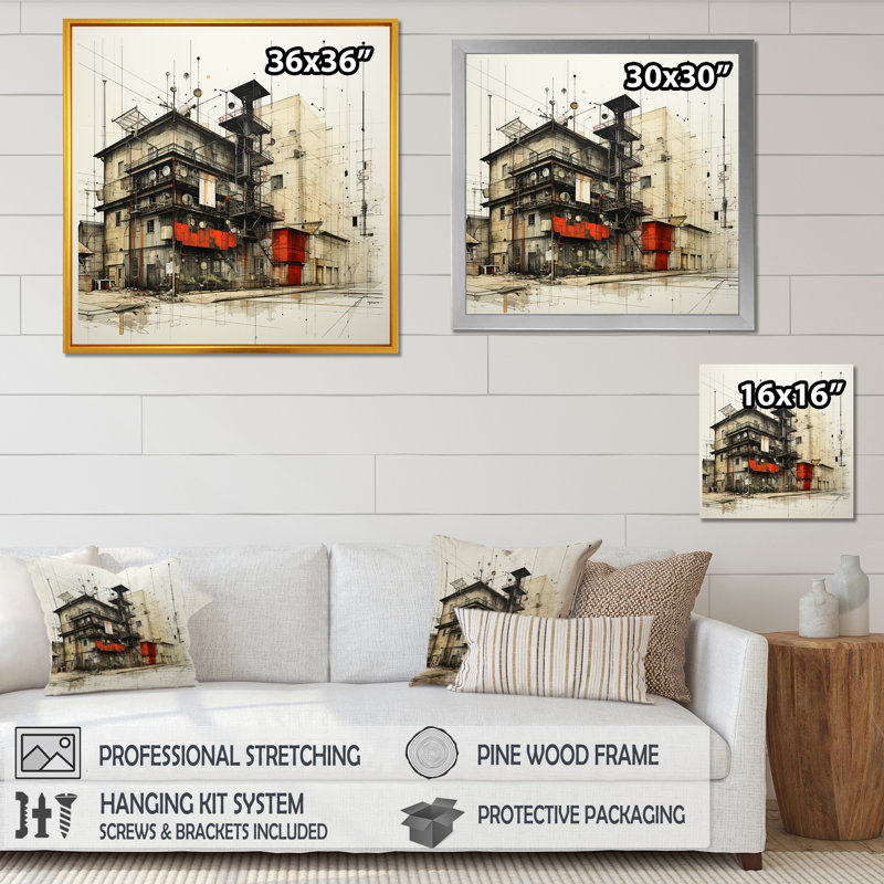 Dessin d'analyse d'un entrepôt II sur toile, Cadre simple noir, H 16 po x l 16 po x P 1 po