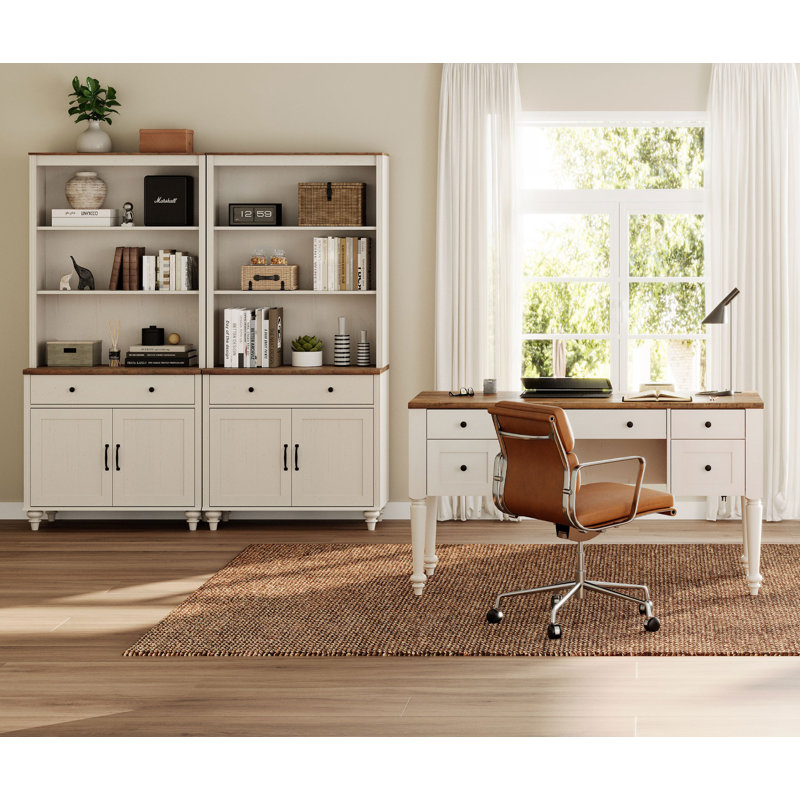 2 - Piece Office Set, 56" Executive Desk & Bookcases, Brown/White