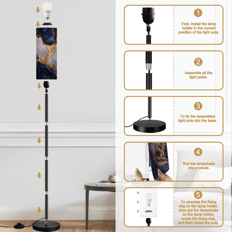 Lampe sur pied en marbre mauve à rayures dorées de luxe à l'aquarelle et à l'alcool avec lampe à intensité variable moderne avec télécommande et pédale avec abat-jour et abat-jour