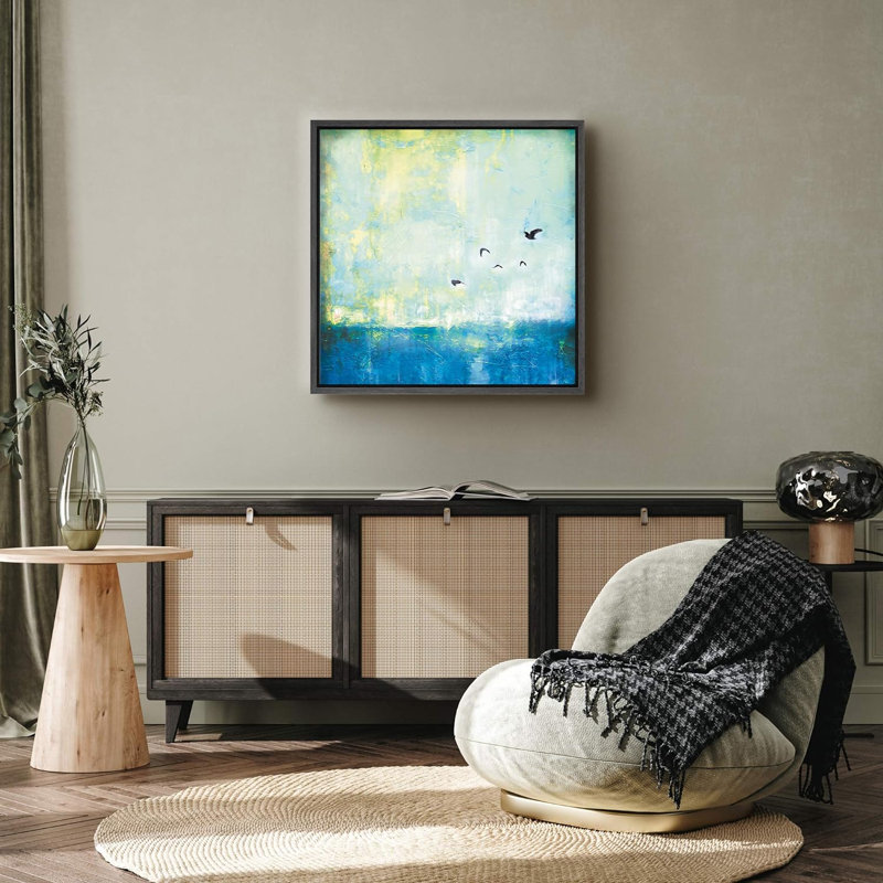 Birds Flying Over a Blue Ocean Green Field Abstract Wildlife Modern Art Rustic, Noir, H 16 po x l 16 po x P 1,5 po