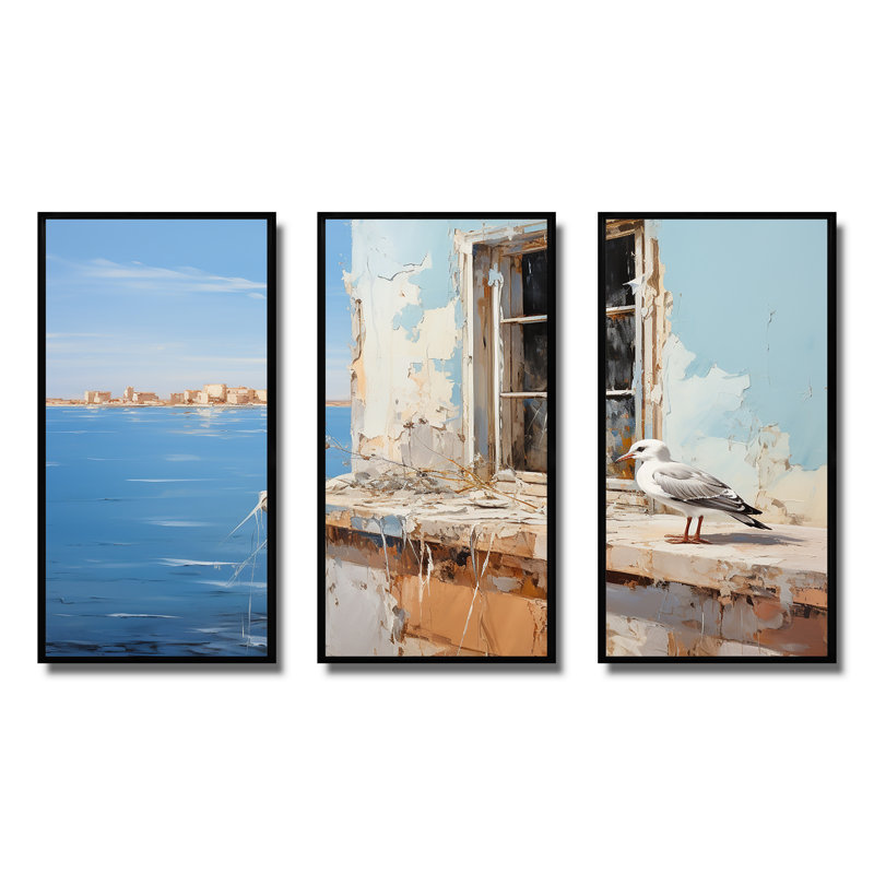 «Seagulls Perch Horizon II - Coastal Windows», art mural, H 28 po x l 36 po x P 1 po, Cadre flottant noir