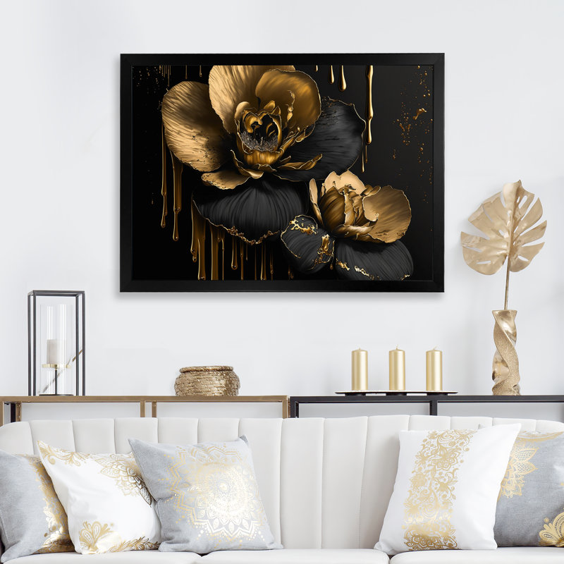 Orchidée noire et or II - art mural encadré orchidée, Cadre simple noir, H 24 po x l 32 po x P 1 po