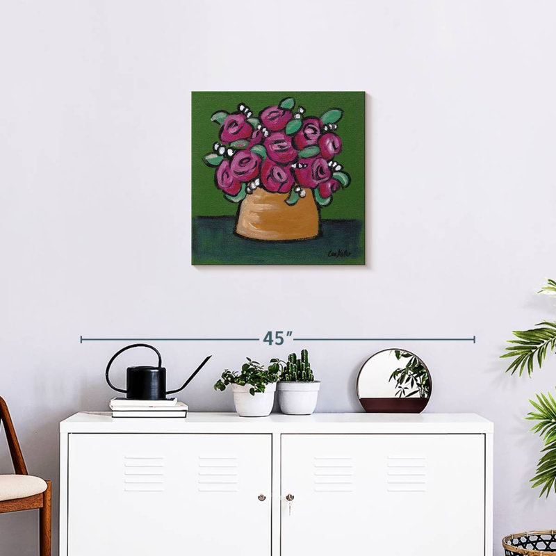 Harnek en pot rose sur fond vert, H 20 po x l 20 po