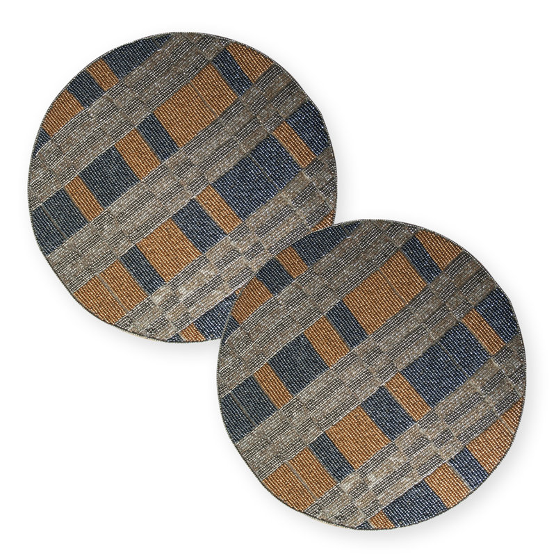 Taveras Round Beaded Placemats Set of 2 with Multicolor Plaid Design for Dining & Christmas Decor