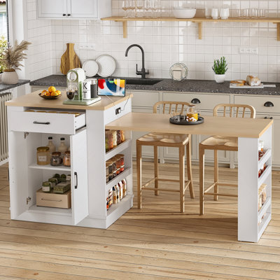 Accent Cabinet, Extendable Island Console With Drawers, Double-Door Cabinet And Open Shelving