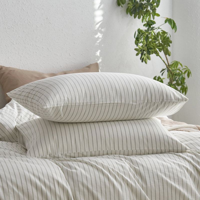 MooMee 100% Washed Cotton Pillowcases Linen Like Textured Breathable Soft, Queen (20" x 30"), White& Sage Green Wide Stripes