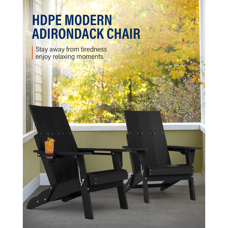 Chaise Adirondack, chaise Adirondack surdimensionnée en PEHD pliable avec porte-gobelet, Noir