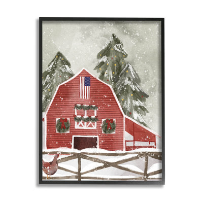 Scène de neige Americana Barn Holiday, giclée encadrée par Laura Konyndyk