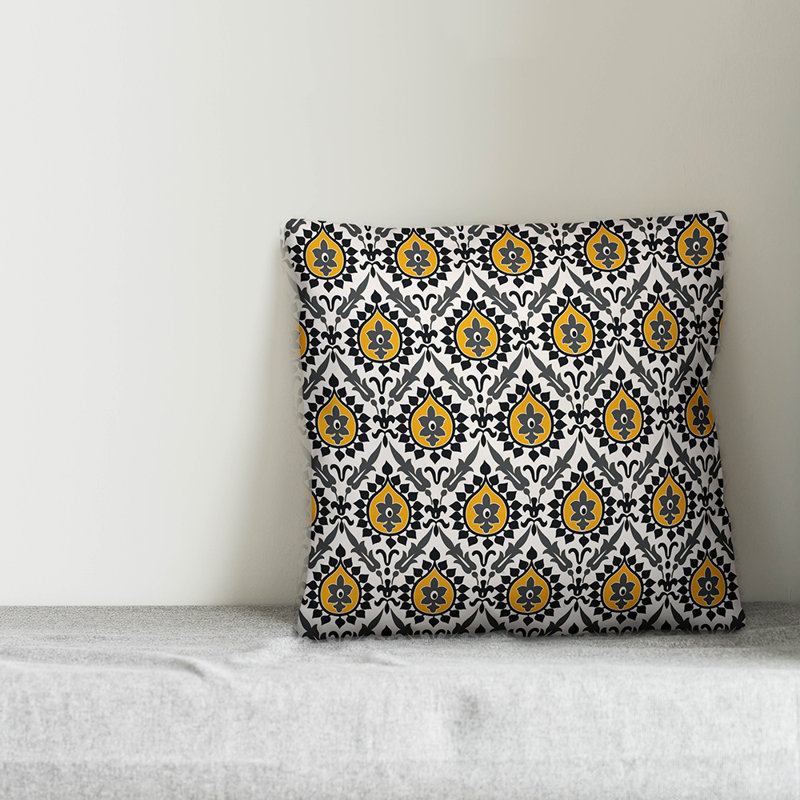 Coussin décoratif Ikat Sqaure, 16 po x 1 po, Noir / jaune, Intérieur